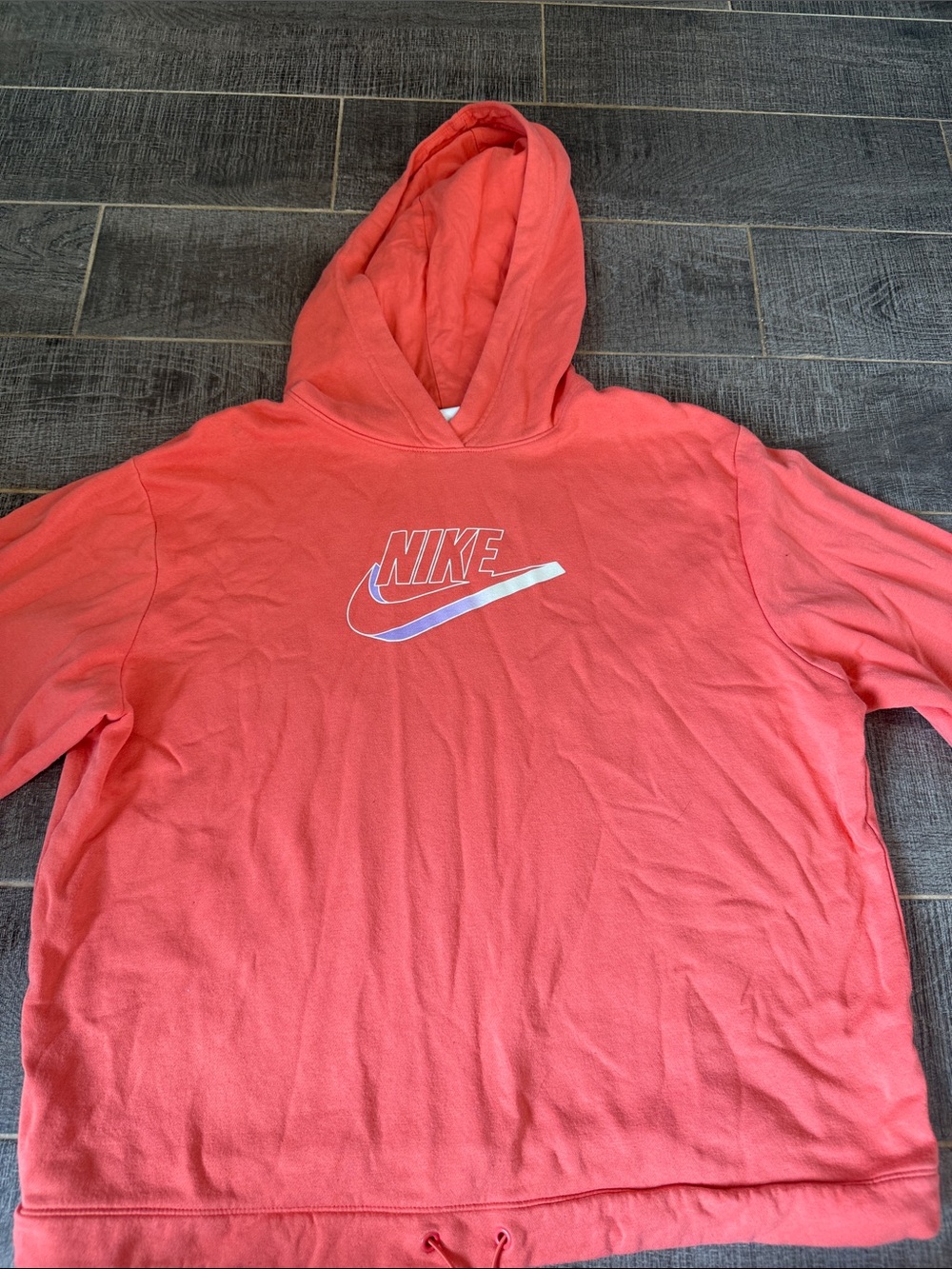 Nike Coral-Red Hooded Sweatshirt with White and Blue Swoosh
